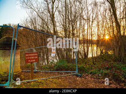 pas de panneau de pêche au bord du lac avec une étoile au coucher du soleil arbres Banque D'Images