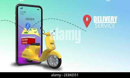 Illustration 3D livraison rapide par moto. E-commerce. Nourriture en ligne, taxi, demande de commande de commodité, fond bleu et blanc. Conception en perspective Banque D'Images