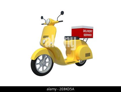 3D Render ou Illustration trottinette ou moto jaune avec boîte de livraison rouge pour votre conception concept de livraison - chemin de coupure Banque D'Images