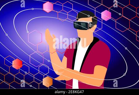 Homme portant un casque vr et une forme abstraite futuriste, hexagonale sur fond bleu foncé.illustration vectorielle. Banque D'Images