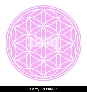 White Seed of Life sur terrain circulaire rose pastel. Une figure géométrique et un symbole spirituel de la géométrie sacrée. Cercles se chevauchant formant une fleur. Banque D'Images