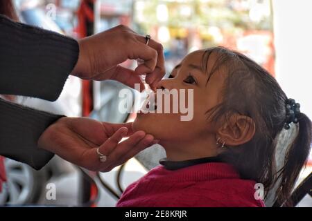 Jammu, Inde. 31 janvier 2021. Le 31 janvier 2021, à Jammu, en Inde, un enfant se fait vacciner contre la poliomyélite par des agents de santé qui travaillent dans une société d'habitation, observe aujourd'hui la Journée nationale de vaccination contre la polio (NID), où des gouttes sont administrées aux enfants de moins de 5 ans pour maintenir la maladie à distance. Le ministère de la Santé a déclaré que la vaccination antipoliomyélitique PULSE sera prise le 31 janvier, les 1er et 2 février. (Photo de Bikas Bhagat/INA photo Agency/Sipa USA) crédit: SIPA USA/Alay Live News Banque D'Images