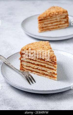 Morceau de gâteau frais fait maison avec du lait concentré cuit sur une assiette sur fond clair. Banque D'Images