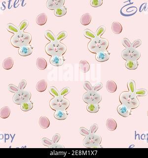 Vue d'en haut des biscuits glacés au gingembre coloré isolés sur fond rose clair avec des mots gris. Gros plan sur une délicieuse pâtisserie maison Banque D'Images