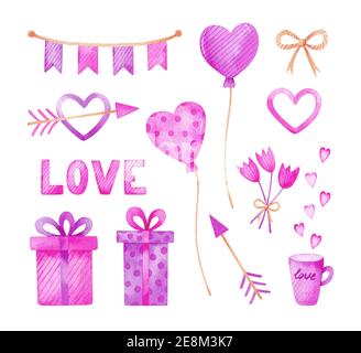 Set aquarelle de Saint-Valentin avec ballons roses et violets, cadeaux, guirlande, fleurs, flèches et coeurs. Design romantique festif. Banque D'Images