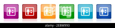 Elévateur, ensemble d'icônes de levage, boutons vectoriels carrés brillants en 6 couleurs pour les applications Web et mobiles Illustration de Vecteur
