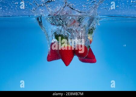 Photo de mouvement surgelée des fraises fraîches lavées dans l'eau. Banque D'Images