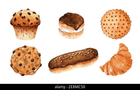 Ensemble de produits frais de boulangerie. Biscuits, muffin, eclair, croissant, profiterole isolé sur fond blanc. Illustration aquarelle dessinée à la main. Banque D'Images