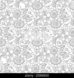 Motif fleuri monochrome sans couture pour livre de coloriage pour adultes. Illustration vectorielle dessinée à la main. Illustration de Vecteur