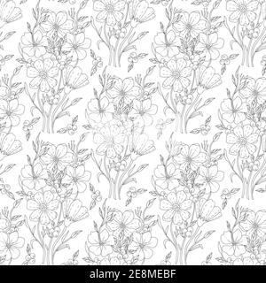 Motif fleuri monochrome sans couture pour livre de coloriage pour adultes. Illustration d'esquisse vectorielle, style dessiné à la main. Illustration de Vecteur