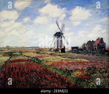 Monet champs de tulipes avec le Moulin de Rijnsburg 1886. Banque D'Images