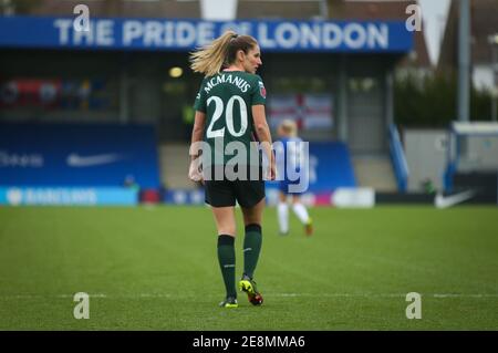 Abbie McManus (#20 Tottenham) en prêt de Manchester United lors du match de Super League féminin de la FA entre Chelsea et Tottenham à Kingsmeadow à Londres, en Angleterre. Banque D'Images