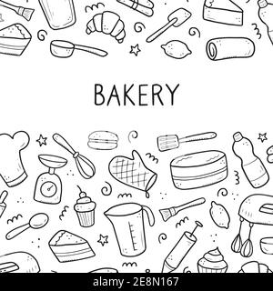 Ensemble d'outils de cuisson et de cuisson dessinés à la main, batteur, gâteau, cuillère, cupcake, balance. Style d'esquisse Doodle. Illustration pour cadre, affiche, bannière, menu, livre de recettes, boulangerie, conception de site de boulangerie. Illustration de Vecteur