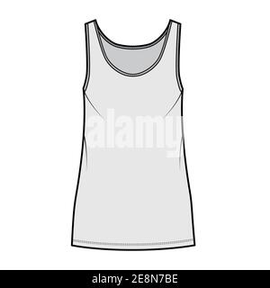 Débardeur robe technique mode illustration avec décolleté rond, bretelles, mini-longueur, grand corps, Pencil plénitude. Modèle de vêtement plat sur le devant, couleur grise. Femmes, hommes, maquette de CAD unisex Illustration de Vecteur