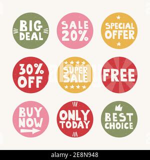 Jeu de balises rondes vectorielles pour la promotion des ventes. Autocollants manuscrits colorés - Achetez maintenant, gratuit, super vente, meilleur choix, 30 de rabais, spécial, aujourd'hui Illustration de Vecteur