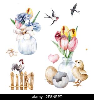 Ensemble d'éléments de Pâques. Fleurs, chik, oeuf clip art peinture main mignon ferme illustration isolée pour le design carte de voeux Banque D'Images