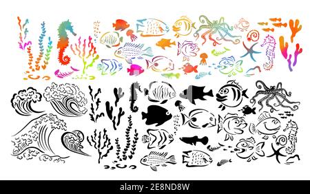 Illustration vectorielle d'un ensemble de créatures marines Illustration de Vecteur