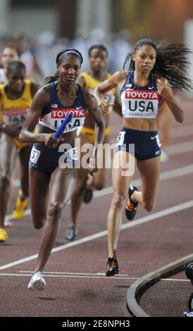 L'équipe des États-Unis avec Allyson Felix et Mary Wineberg remporte la médaille d'or sur le relais de 4 x 400 mètres féminin lors des 11e championnats mondiaux d'athlétisme de l'IAAF 'Osaka 2007' au stade Nagai à Osaka, au Japon, le 29 août 2007. Photo de Gouhier-Kempinaire/Cameleon/ABACAPRESS.COM Banque D'Images