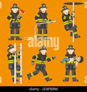 Pompier dans une échelle d'escalade uniforme noire sauvant un enfant qui s'épare du feu 6 illustrations vectorielles abstraites de la collection de figurines plates Illustration de Vecteur