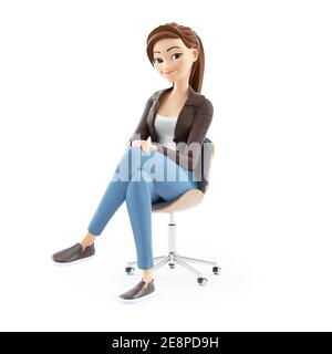 caricature 3d femme assise sur une chaise, illustration isolée sur fond blanc Banque D'Images