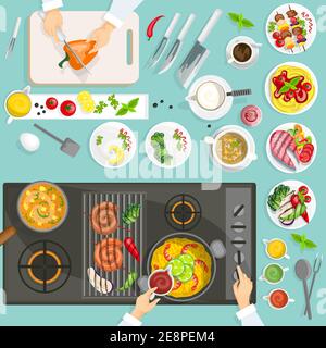 Vue de dessus du lieu de travail du chef avec vaisselle et ustensiles de cuisine surface de cuisinière illustration du vecteur de grille Illustration de Vecteur