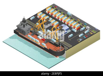 Chargement lourd de marchandises sèches par des navires avec des conteneurs par deux grues fixes dans l'illustration du vecteur isométrique bâbord Illustration de Vecteur