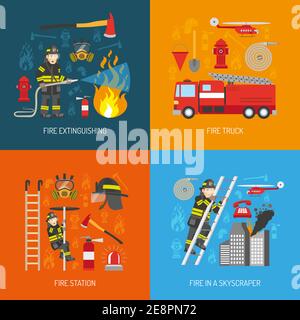 Pompiers concept de travail 4 icônes plates carré composition bannière avec illustration vectorielle isolée abstraite de l'équipement de la centrale incendie Illustration de Vecteur