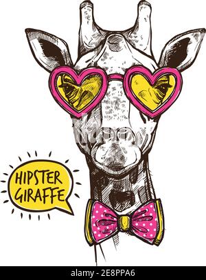 Portrait girafe taille basse en élégant coeur rose et noeud papillon illustration vectorielle Illustration de Vecteur