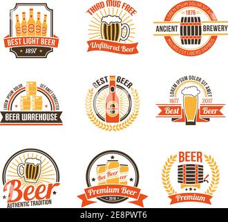 Logo Brewery. Jeu d'étiquettes pour brasserie. Ensemble d'emblèmes de brasserie. Illustration du vecteur de brasserie. Symboles plats de brasserie. Ensemble de conception de brasserie. Illustration de Vecteur