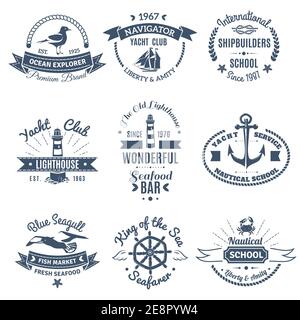 Étiquettes marines monochromes et logos de bateaux scolaires constructeurs de navires illustration vectorielle isolée club ocean explorer Illustration de Vecteur