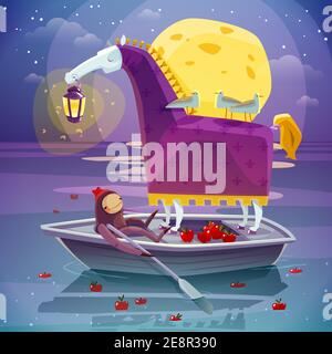Image de rêve de nuit surréaliste de cheval avec fille en bateau avec une grande illustration vectorielle d'affiche sur fond de lune jaune Illustration de Vecteur