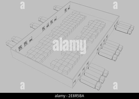 Illustration 3D d'entrepôt des véhicules de transport et de livraison logistiques. Banque D'Images