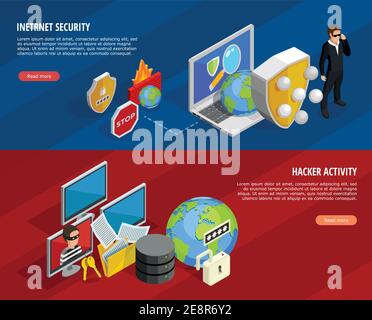 Bannières horizontales de protection des données avec symboles d'activité hacker isométriques illustration vectorielle isolée Illustration de Vecteur