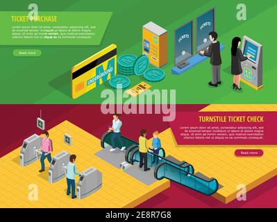 Banderoles horizontales souterraines avec symboles d'achat de billets isométriques isolés illustration vectorielle Illustration de Vecteur