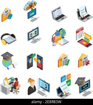 E-learning icônes isométriques ensemble avec des livres et des symboles éducatifs isolés illustration vectorielle Illustration de Vecteur