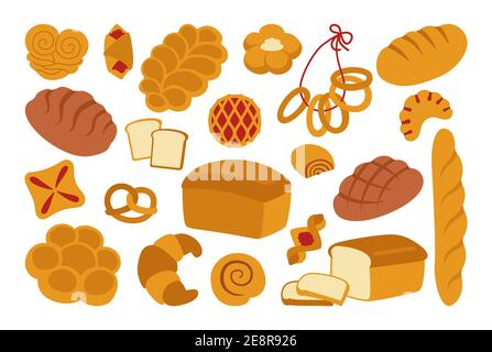 Ensemble d'icônes de pain plat. Pain simple de pain de blé et de grain entier, bretzel, muffin, croissant, baguette française. Produits de boulangerie bio, produits de boulangerie, menu design pâtisserie. Illustration vectorielle vintage Illustration de Vecteur