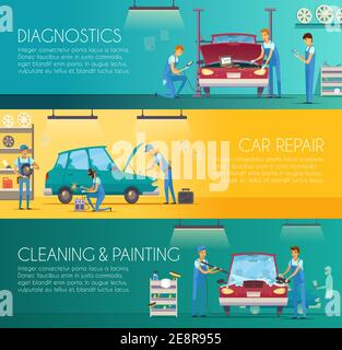 Entretien de réparation de diagnostic automobile et services de peinture de carrosserie rétro bannières horizontales de dessin animé ensemble illustration vectorielle isolée Illustration de Vecteur