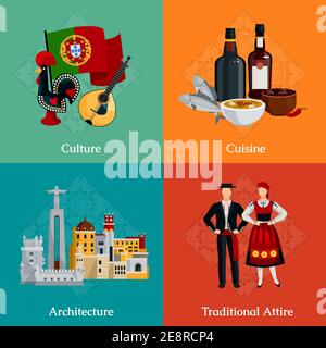 Décor lumineux 2 x 2 icônes plates avec cuisine traditionnelle portugaise culture et architecture sur fond coloré illustration vectorielle isolée Illustration de Vecteur