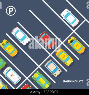 Affiche de vue de dessus de l'élément de la ville sur l'aire de stationnement avec différents éléments voitures avec illustration du vecteur plat de taxi Illustration de Vecteur