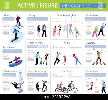 Des infographies de personnes de loisirs actives avec différents jeux et activités dans illustration vectorielle isolée de style plat Illustration de Vecteur