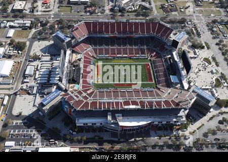 Tampa, Floride, États-Unis. 31 janvier 2021. Vue aérienne du stade Raymond James, site du Super Bowl LV entre les Tampa Bay Buccaneers et les Kansas City Chiefs le 31 janvier 2021. Crédit : Mpi34/Media Punch/Alamy Live News Banque D'Images