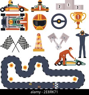 Équipement de course automobile de karting à conception plate et pilotes définir une illustration vectorielle isolée sur fond blanc Illustration de Vecteur