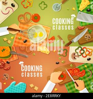 Cours de cuisine vue de dessus avec ustensiles de cuisine et produits sur la cuisine table et chefs hacher des légumes sur un carton vectoriel en bois illustration Illustration de Vecteur