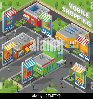 Image isométrique avec des gens qui marchent dans la rue avec de vrais magasins et des boutiques en ligne en forme de smartphone à proximité d'illustrations vectorielles Illustration de Vecteur