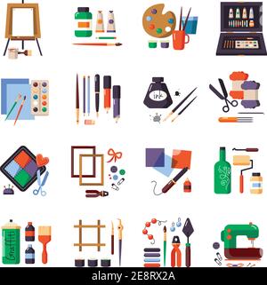 Jeu d'icônes d'outils et de matériaux d'art pour la peinture de couture de patchwork illustration du vecteur d'équipement Illustration de Vecteur