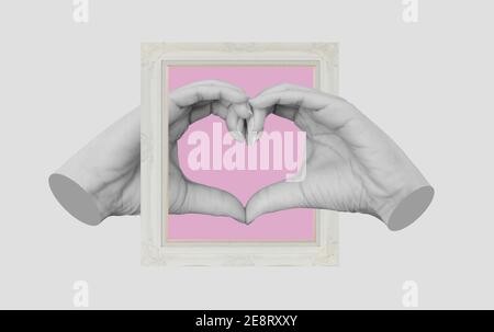 Collage numérique art moderne, symbole coeur fait main, avec cadre photo rétro Banque D'Images