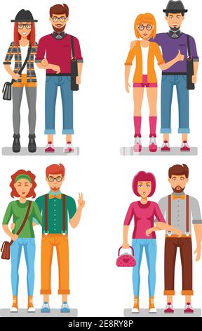 Hipster couple concept de jeunes gens branchés avec des gestes dans élégant vêtements colorés motif vectoriel isolé Illustration de Vecteur