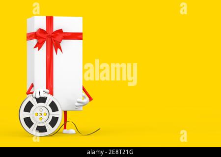 Coffret cadeau blanc et mascotte à ruban rouge avec pointeur de carte rouge sur fond jaune. Rendu 3d Banque D'Images