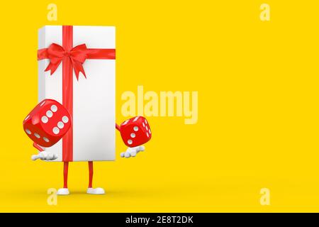 Coffret cadeau blanc et mascotte de personnage de ruban rouge avec cubes de dés de jeu rouge en vol sur fond jaune. Rendu 3d Banque D'Images