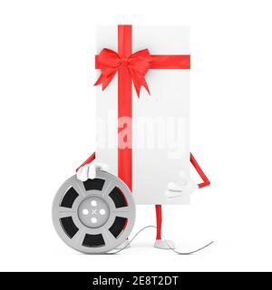 Coffret cadeau blanc et mascotte à ruban rouge avec pointeur de carte rouge sur fond blanc. Rendu 3d Banque D'Images